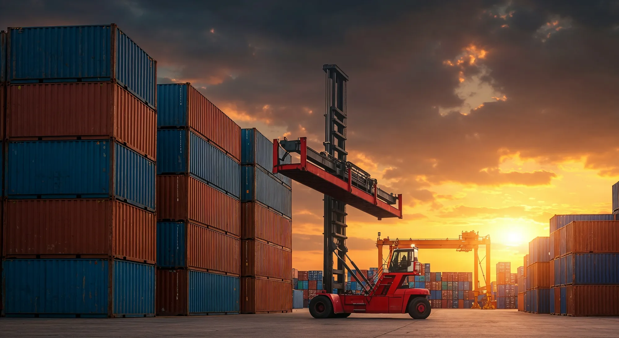 Forklift lifting a shipping container among stacks at dusk