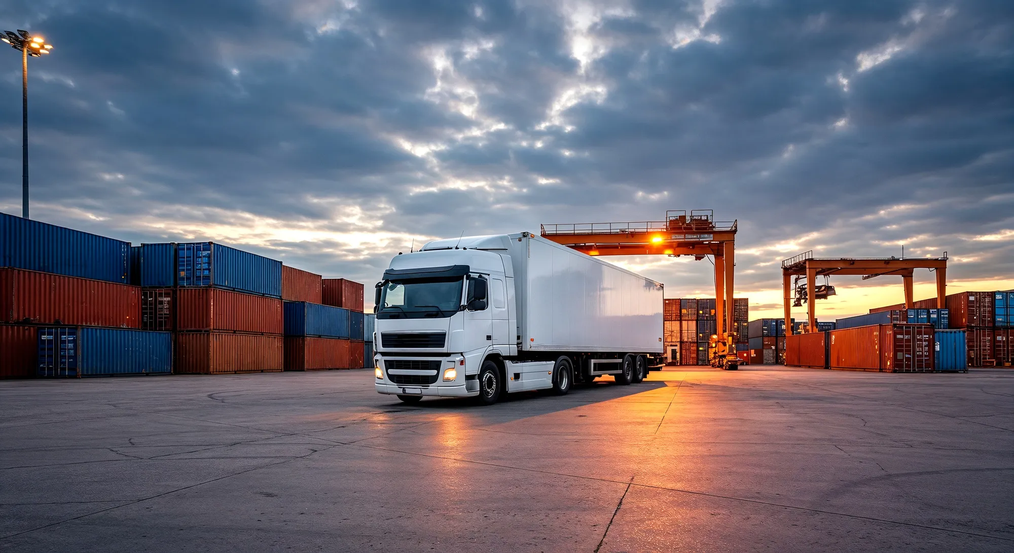 Semi-truck parked at a container yard at sunset