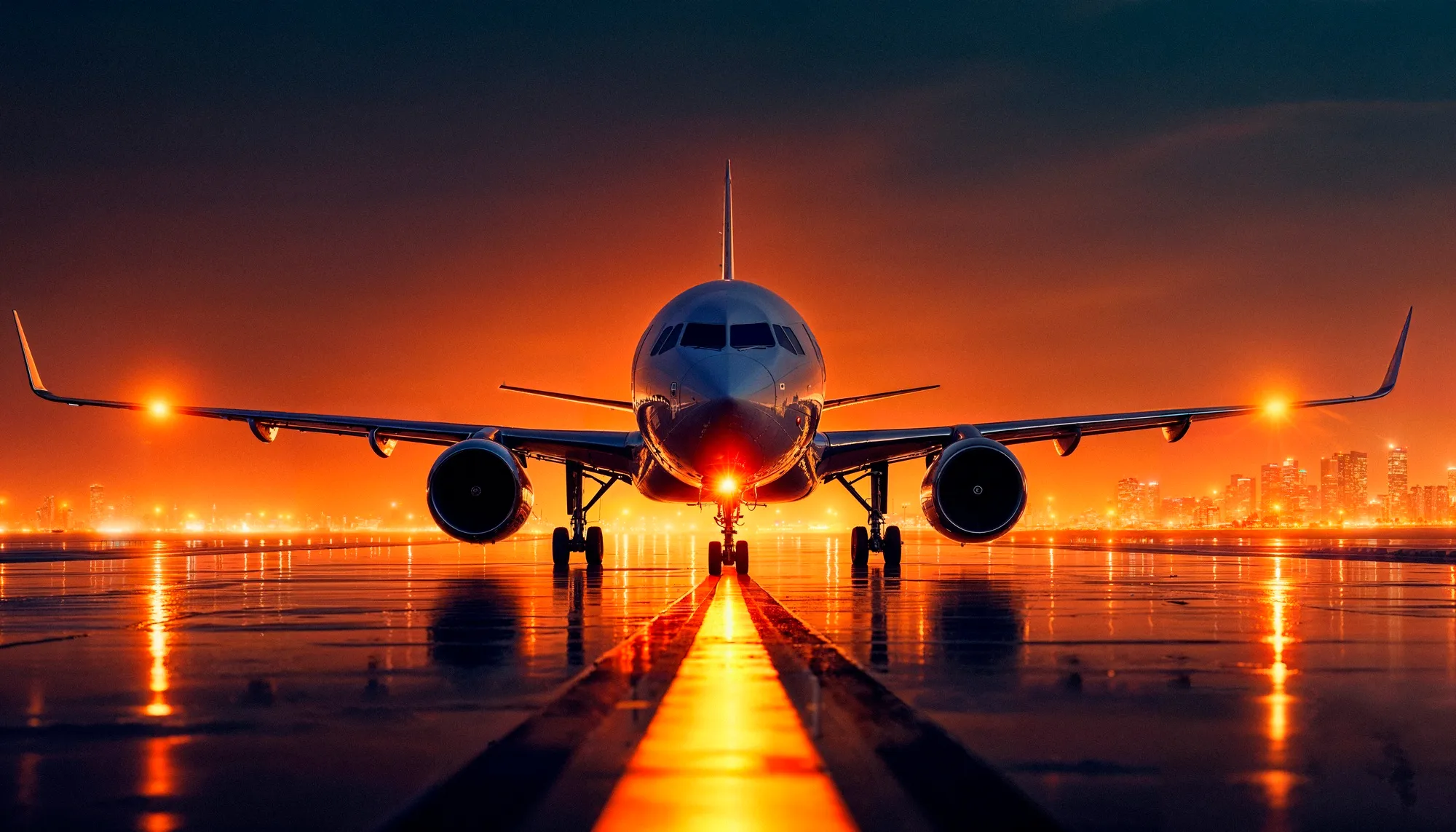 Passenger aircraft on a wet runway at sunset