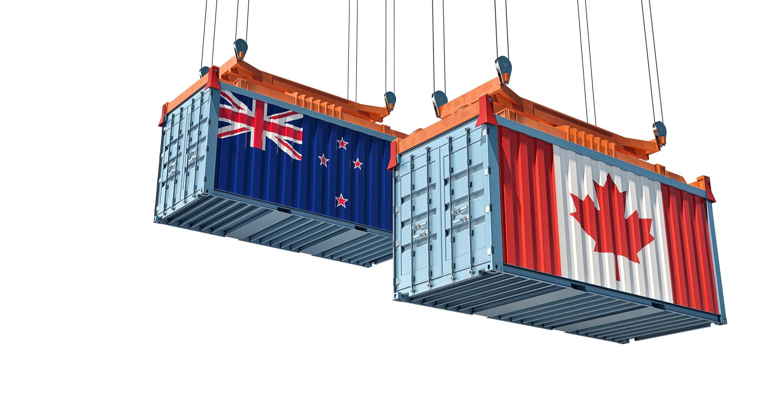 Shipping containers painted with the New Zealand and Canadian flags